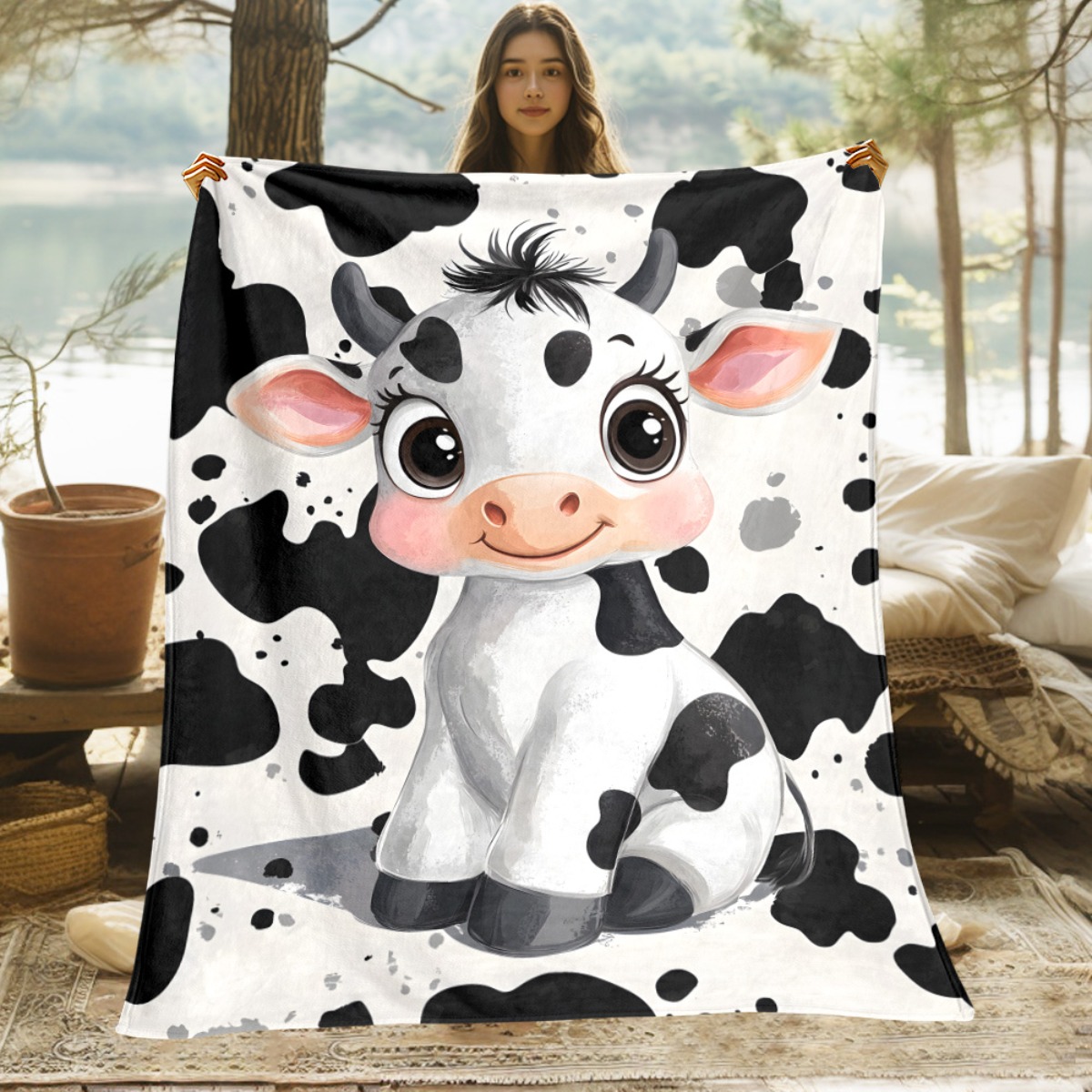 Baby Nursery Animal Theme - Selimut Bulu Sapi Lucu Kartun Hitam