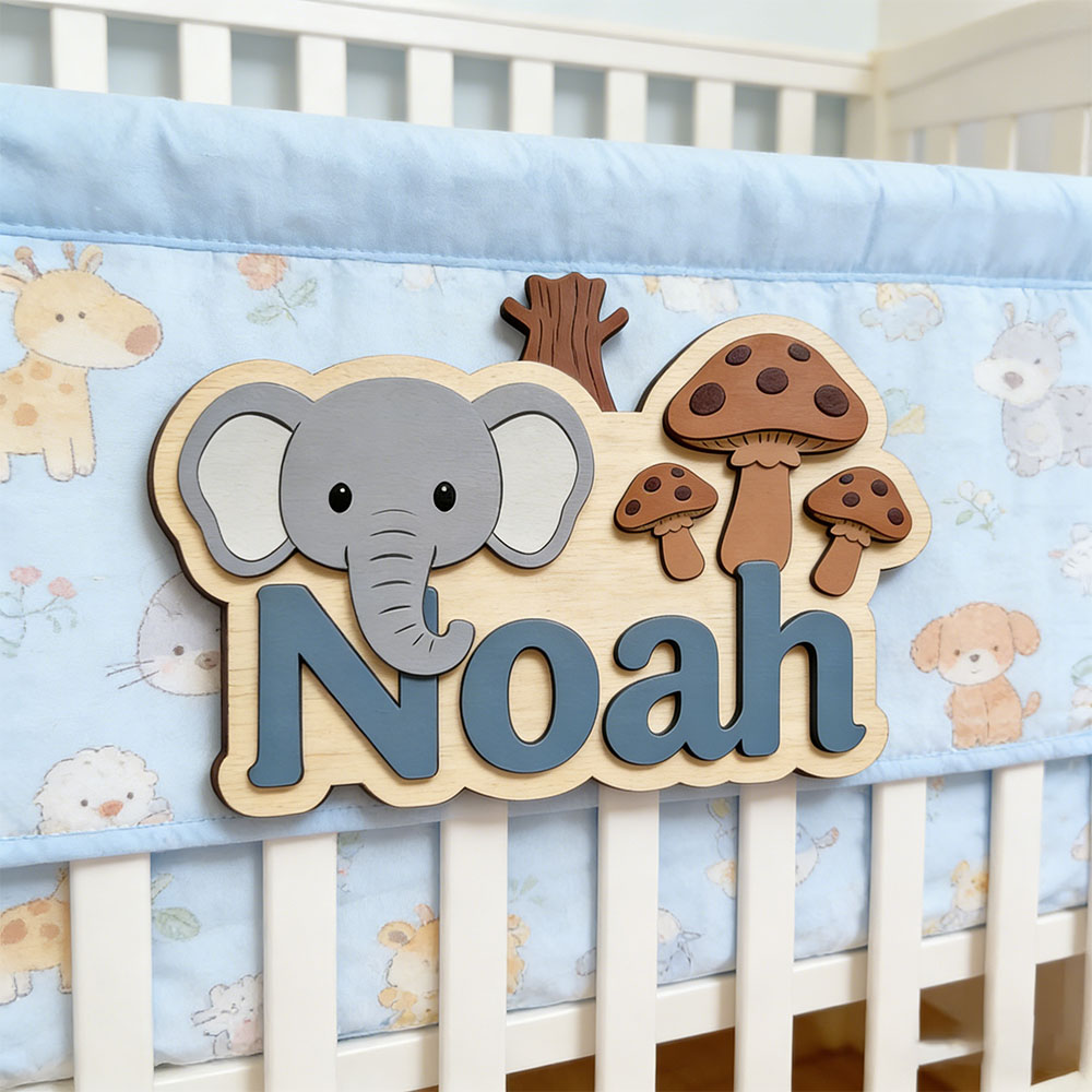 Baby Nursery Forest Theme - Plakat Nama Gajah & Jamur Kartun