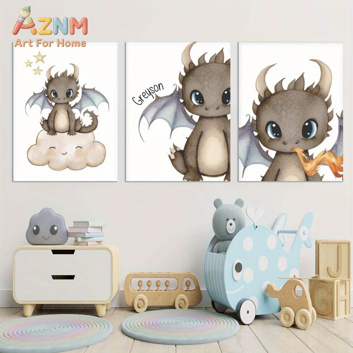 Baby Nursery Art - AZNM Lukisan Kanvas Bayi Naga Lucu,