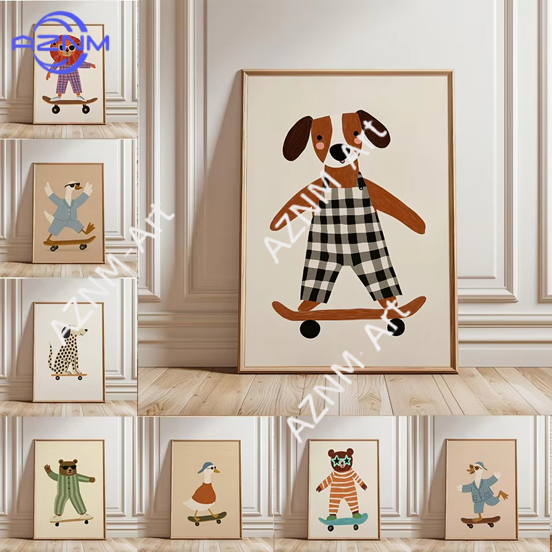 Baby Nursery Art - 1 Buah Poster Skateboard Hewan Lucu