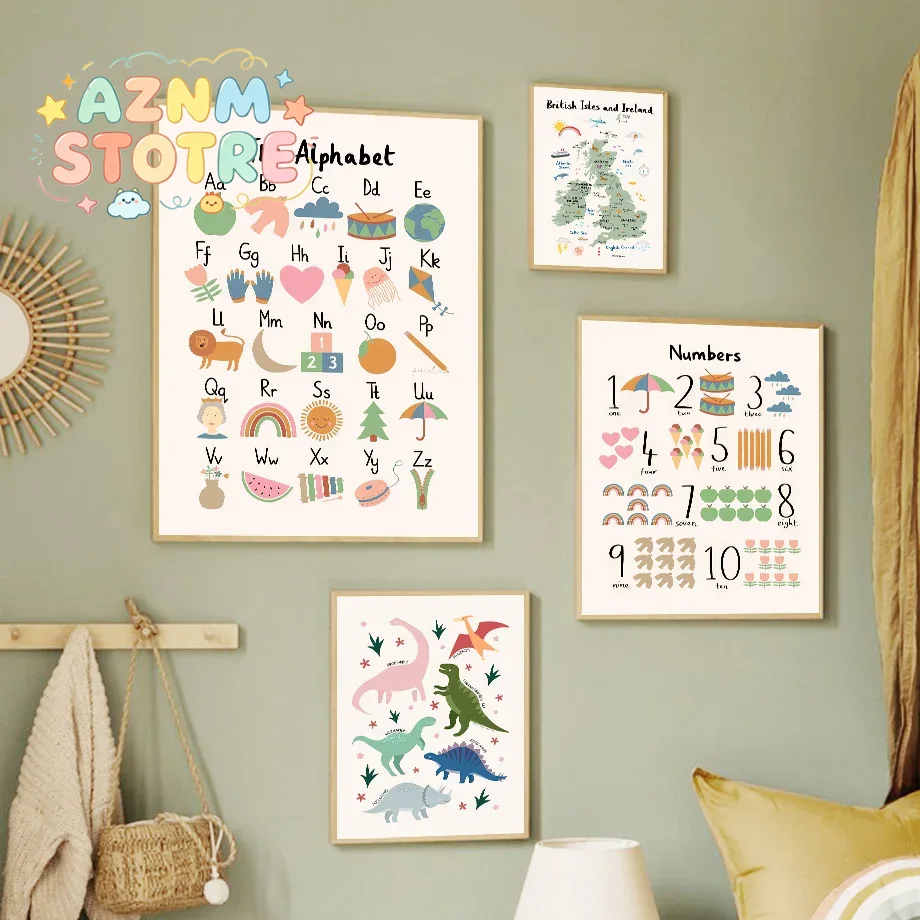 Baby Nursery Art - Peta Dunia Hewan, Alfabet Dinosaurus, Angka,