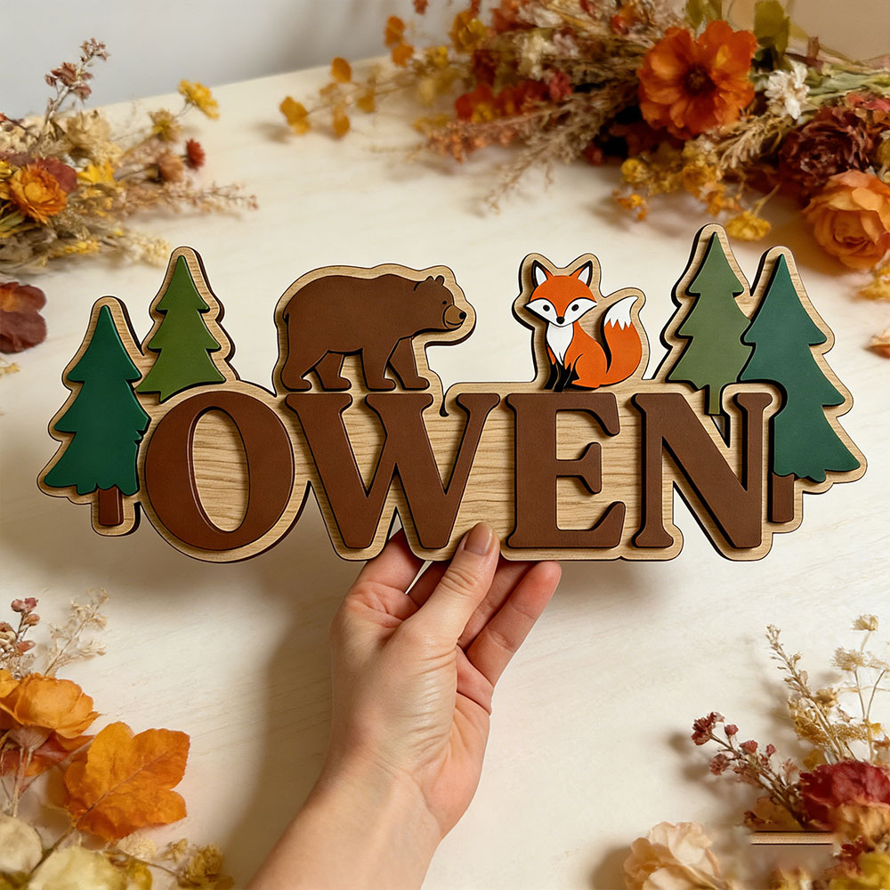 Papan Nama Pintu Beruang dan R - Baby Nursery Forest Theme ulasan dan harga